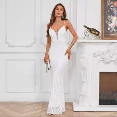 Vestido Maxi Lantejoula Branco Feminino, Vestido Sexy Strap, Vestido de festa longo - loja online