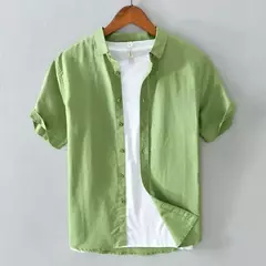 Camisa de linho de algodão manga curta masculina, cor sólida, simples, blusas casuais, tops finos respiráveis básicos, alta qualidade, moda verão - loja online