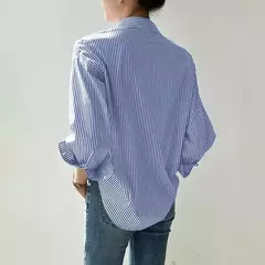 Imagem do Blusa virada para baixo de manga comprida feminina, tops casuais, listras azuis, moda feminina, primavera, verão