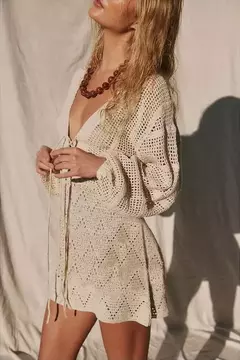 Mini vestido feminino oco para praia, sexy com decote em v profundo, renda, manga de sino, malha de malha, cobertura, túnica casual, maiô, verão, K14, 2024