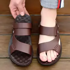 Sandálias masculinas reais de couro de vaca, sapatos de praia para motoristas, meia-idade e idosos, na moda, 2-usos, 2023, novo - Wolf Magazine