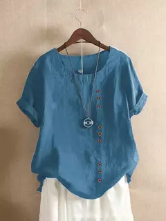 Top feminino de algodão e linho verão casual solto botão manga curta cor sólida pulôver blusa femme blusas - Wolf Magazine
