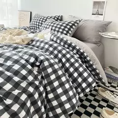 Imagem do Conjunto de roupa de cama de algodão lavado, listrado, grade, lençol minimalista, consolador, capa de edredão rainha, duplo para meninos e meninas