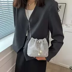 Imagem do Bolsa tiracolo monocromática de strass para mulheres, bolsa de ombro luxuosa, sacola brilhante cordão, jantar, corrente, corrente