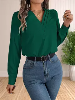 Vestido feminino de manga comprida em camadas com decote em v, tops de trabalho, roupa de escritório, blusa empresarial, 2024 - loja online