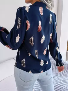 Mulheres Casual Pena Imprimir Collar Manga Longa Camisa Branco Rosa Azul - Wolf Magazine