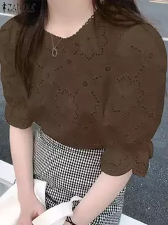 ZANZEA-blusa de renda oca para mulheres, tops de manga curta folhada, túnica chique, tecido texturizado, moda coreana, verão, 2024 - comprar online