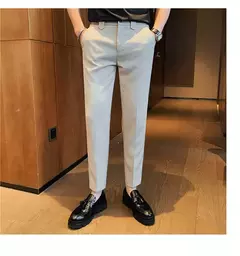 Calça de cintura elástica cor sólida para homens, calça casual slim fit, vestido de festa social, roupas de negócios de alta qualidade - comprar online