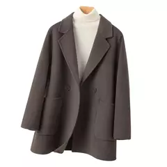 Imagem do Caingle clássico estilo comum casaco feminino 100% lã pura reversível casaco de lã solto terno jaqueta topo moda grande bolso