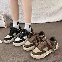Imagem do Tênis de fundo grosso feminino, tênis de tabuleiro, calçados esportivos, casual, combinando cores, cáqui, preto, branco, nova moda