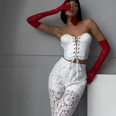 Calça reta elástica de comprimento total feminina, calça oca de renda, cintura alta, calça longa, casual, feminina, sexy, fina, nova, verão - loja online