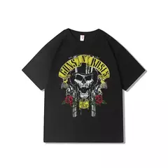 Imagem do Camiseta estampada com armas de rock e rosas masculina, algodão puro, gola redonda, manga curta, parte superior