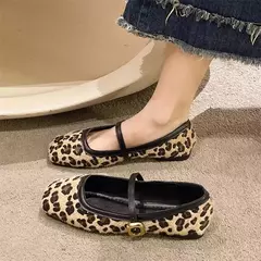 Sapatos casuais com estampa leopardo de toe quadrado para mulheres, sapatilhas femininas, sapatos Mary Jane ao ar livre, novo design na internet