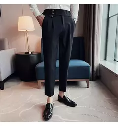 Calça formal de botão de cintura alta estilo britânico masculina, terno casual empresarial, calça de escritório, monocromática, alta qualidade, nova, primavera