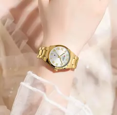 Curren-relógio de pulso de aço inoxidável feminino, cor do ouro, impermeável, quartzo, romântico, presente para namorada - comprar online