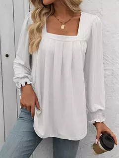Camiseta feminina casual de manga comprida com gola quadrada, mangas folhada, design plissado, tops de pulôver, camisetas na moda - Wolf Magazine