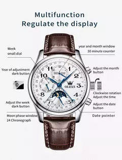 OLEVS-Relógio de pulso mecânico automático masculino, Moon Phase, Calendário, Impermeável, Aço inoxidável, Pulseira de couro, Original - comprar online