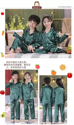 Conjunto de pijamas de cetim de seda infantil pijamas de bebê pijamas pijamas cor sólida, terno infantil, meninos, meninas, outono - loja online