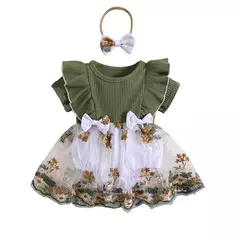 Vestido Romper das meninas do bebê recém-nascido, roupa do bebê, bordado da flor, costela da malha, babados macacões, roupas, roupa do verão