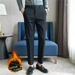 Calça de terno quente de pelúcia masculina, calça monocromática, cintura elástica, formal, negócios, fina, escritório, social, vestido, outono, inverno, 2023 - Wolf Magazine
