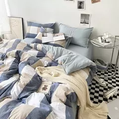 Conjunto de roupa de cama de algodão lavado, listrado, grade, lençol minimalista, consolador, capa de edredão rainha, duplo para meninos e meninas