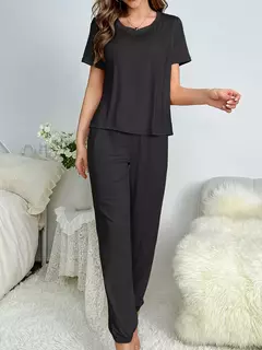 Pijama feminino casual de duas peças, calça manga curta, elegante roupa de casa, cor sólida, novo estilo - Wolf Magazine