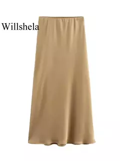 Willshela-Saia Midi Sólida Plissada Feminina, Vintage, Elástico Médio na Cintura, Saias Chiques Femininas, Moda Feminina