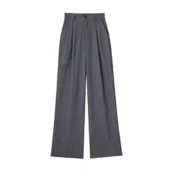 Imagem do TRAF-Calça formal feminina, calça casual de perna larga, listrada, cinza, preta, cintura alta, terno largo, roupa de escritório