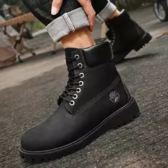Botas de couro de cano alto masculinas, sapatos quentes de pelúcia masculina, tênis ao ar livre com renda, botina antiderrapante, moda inverno