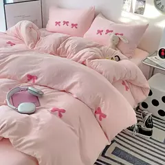 Cute Pink Bows Embroidery Duvet Cover Set, Conjuntos de cama 3D Confortável Rainha Consolador, capas macias para meninas, crianças, adolescentes - Wolf Magazine