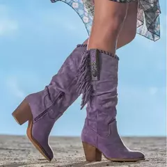 Botas altas de dedo apontado retrô para mulheres, borla, fivela de metal, salto grosso, vaqueiro ocidental, sapatos femininos, tendência, 2024 na internet