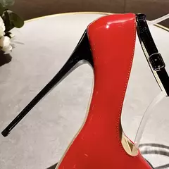 Bombas de salto ultra alto para mulheres, 16cm, alça de tornozelo, plataforma, dedo do pé fechado, vestido sexy, festa de casamento, vermelho, sapatos pretos