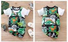 Fato de dinossauro bonito do recém-nascido, roupa de bebê, estampa completa, macio, meninos e meninas, manga curta, alça falsa, verão, 0-18 - Wolf Magazine