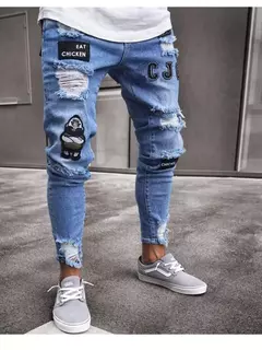 Imagem do Calças jeans skinny rasgadas elásticas masculinas, bordado branco, algodão, hip hop, buraco negro, slim fit, calças jeans grandes, alta qualidade