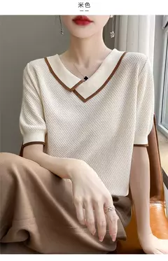 Camisa polo de malha de manga curta 100% lã pura, camiseta casual de lapela, camisa retrô fina, verão, 2024