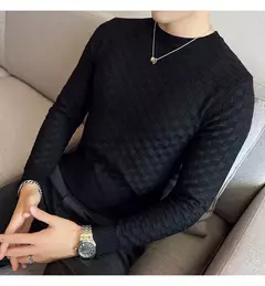 Outono inverno estiramento jacquard tecido o-pescoço camisola waffle masculina ajuste fino manga longa pullovers de malha casual streetwear homme na internet