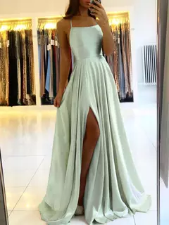 Vestido longo de cetim linha A feminino, cintas simples de espaguete, fenda sexy - loja online