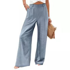 Calça larga de linho de algodão feminina, comprimento total, casual, monocromática, solta, cintura alta, reto, botão, verão na internet