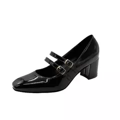 Sapatos Mary Janes de fivela dupla feminina, couro envernizado, cabeça quadrada, salto quadrado, cor sólida, primavera, outono, 2022 na internet