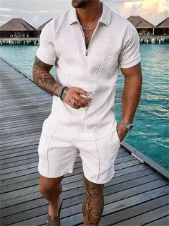 Conjunto de camisa polo e shorts monocromático impresso em 3D masculino, agasalho com zíper, camiseta extragrande, ternos, roupas, moda verão, 2 peças - loja online