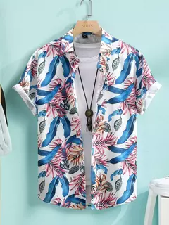 Homens e mulheres com estampa havaiana camisas de manga curta, lapela botão-down tops - comprar online