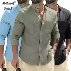 Camisas masculinas de algodão de manga comprida, camisas brancas, monocromáticas, streetwear de botão, respirável, negócios, outono - loja online