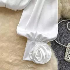 Elegante cetim tridimensional flor manga longa lapela blusa chique vintage moda colheita topo feminino camisas de outono roupas - loja online