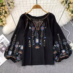 Blusa Bordada Manga Lanterna Longa com Decote V para Mulheres, Moda Casual, Camisas Vintage, Tops Femininos Minoritários, Drop Shipping, Outono - Wolf Magazine