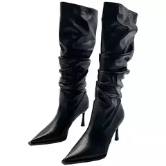 Imagem do Botas femininas plissadas pontiagudas de cano alto, botas de salto fino na moda, botas longas abaixo do joelho, outono, 2024
