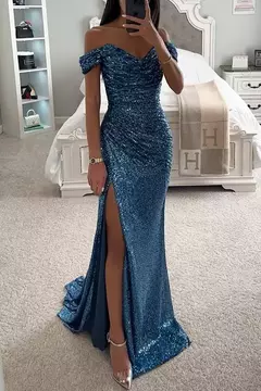 Vestido Dividido de Pescoço Uma Linha Feminino, Lantejoulas, Dividido, Versátil, Elegante, Charme, Emagrecedor, Festa, INS, Emagrecimento, S-XL Size, Novo