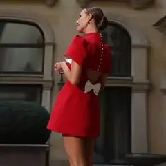 Mini vestido de nó de costas vermelho feminino, elegante com decote em O, manga curta, vestidos A, vestido feminino, nova moda, 2024 - Wolf Magazine