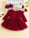 Vestido de malha com babados e lenço para bebê, manga pequena voadora, manga comprida, romântica, primavera e outono, 2 peças