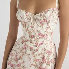 Imagem do Vestido de verão estampado floral, Laço frontal feminino, Gola quadrada, Vestido de coxa dividido, Cinta de praia, Vestido de noite, Novo