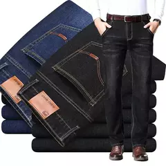 Calça jeans solta reta com elásticos, justa, elástica, calça casual, jeans, azul, preta, streetwear comercial para homens